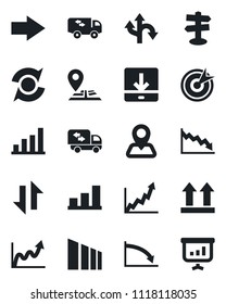 Set of vector isolated black icon - right arrow vector, route, signpost, navigation, up side sign, sorting, data exchange, download, update, bar graph, moving, target, growth, crisis, presentation