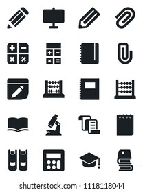 Set of vector isolated black icon - contract vector, book, calculator, graduate, abacus, notepad, pencil, microscope, notes, copybook, presentation board, paper clip