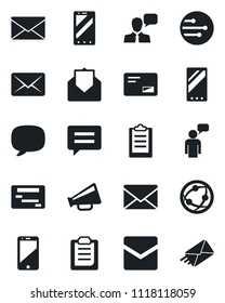 Set of vector isolated black icon - mobile phone vector, speaking man, mail, loudspeaker, network, cell, speaker, message, clipboard, schedule