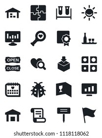 Set of vector isolated black icon - statistic monitor vector, contract, lady bug, plant label, blood test vial, heart diagnostic, medical calendar, warehouse, package, application, sertificate, flag