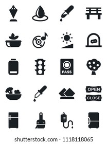 Set of vector isolated black icon - ticket office vector, passport, pennant, water drop, bench, dropper, traffic light, low battery, themes, brightness, music, fruit tree, salad, open close, fridge