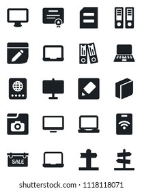 Set of vector isolated black icon - passport vector, office binder, notebook pc, document, signpost, monitor, laptop, notes, photo gallery, presentation board, blank box, sale, pass card, guidepost