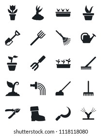 Set of vector isolated black icon - flower in pot vector, garden fork, shovel, farm, rake, seedling, watering can, sproute, pruner, boot, hoe, sickle, irrigation