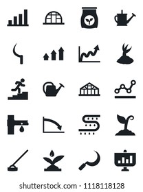 Set of vector isolated black icon - watering can vector, sproute, hoe, sickle, greenhouse, fertilizer, drip irrigation, bar graph, point, career ladder, arrow up, growth, crisis, presentation
