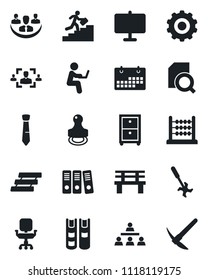 Set of vector isolated black icon - gear vector, bench, ripper, calendar, company, presentation board, document search, hr, abacus, office chair, paper binder, tie, tray, archive box, hierarchy