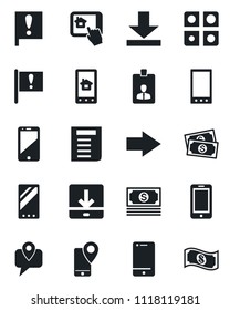 Set of vector isolated black icon - right arrow vector, mobile phone, identity card, document, important flag, cash, tracking, cell, download, application, home control app