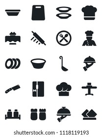 Set of vector isolated black icon - fridge vector, cook, restaurant table, cafe, hat, plates, waiter, salt and pepper, ladle, bowl, rolling pin, cutting board, knife, serviette