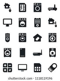 Set of vector isolated black icon - washer vector, calculator, monitor, speaker, phone back, sim, smart home, control, remote, router, usb flash