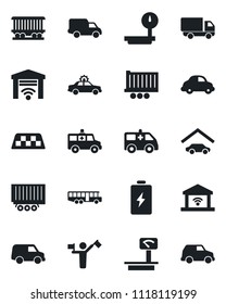 Set of vector isolated black icon - dispatcher vector, taxi, airport bus, alarm car, ambulance, railroad, truck trailer, delivery, heavy scales, garage, gate control, battery