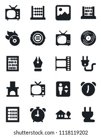 Set of vector isolated black icon - elevator vector, alarm clock, tv, abacus, stamp, fireplace, film frame, vinyl, flame disk, gallery, ink pen, house with tree, power plug