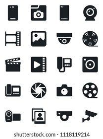 Set of vector isolated black icon - camera vector, clapboard, film frame, reel, video, phone back, mobile, gallery, photo, web, intercome, surveillance