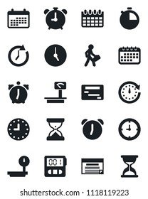 Set of vector isolated black icon - alarm clock vector, calendar, heavy scales, stopwatch, manager, schedule, sand