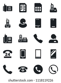 Set of vector isolated black icon - phone vector, mobile, office, 24 hours, support, cell, radio, back, call, sim