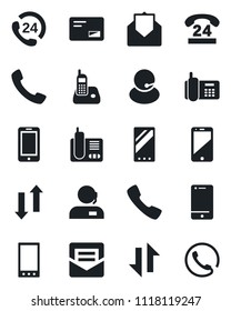 Set of vector isolated black icon - mobile phone vector, office, 24 hours, support, cell, radio, mail, call, data exchange