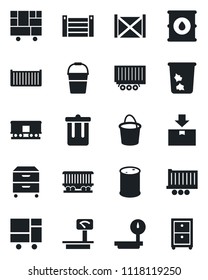 Set of vector isolated black icon - trash bin vector, bucket, railroad, truck trailer, cargo container, consolidated, package, oil barrel, heavy scales, archive box