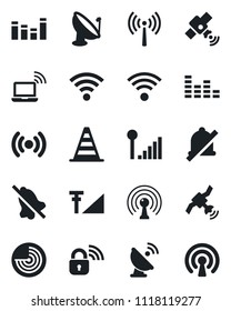 Set of vector isolated black icon - antenna vector, wireless notebook, border cone, radar, satellite, equalizer, mute, cellular signal, lock
