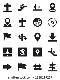 Set of vector isolated black icon - escalator vector, signpost, right arrow, radar, route, pin, download, place tag, compass, flag, guidepost