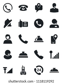 Set of vector isolated black icon - phone vector, reception bell, office, 24 hours, support, mobile tracking, call, mute, cellular signal