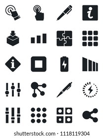 Set of vector isolated black icon - package vector, sorting, settings, touch screen, stop button, menu, charge, application, pen, information, social media