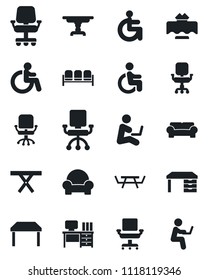 Set of vector isolated black icon - waiting area vector, disabled, office chair, desk, picnic table, cushioned furniture, restaurant, man with notebook