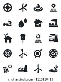 Set of vector isolated black icon - factory vector, bird house, target, sun panel, windmill, eco, water, palm sproute