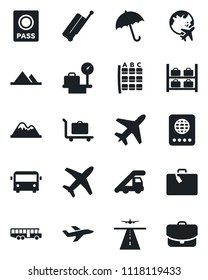 Set of vector isolated black icon - plane vector, runway, suitcase, baggage trolley, airport bus, umbrella, passport, ladder car, seat map, luggage storage, scales, globe, mountains, case