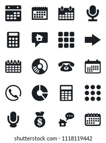 Set of vector isolated black icon - right arrow vector, calendar, circle chart, microphone, menu, calculator, phone, home message, money bag