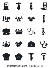 Set of vector isolated black icon - medical room vector, team, tie, document, stethoscope, meeting, handshake, cook hat, case