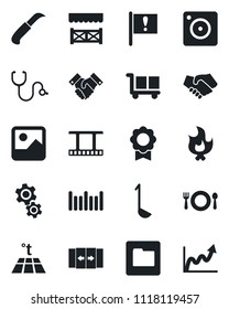 Set of vector isolated black icon - automatic door vector, fire, garden knife, stethoscope, important flag, cargo, barcode, film frame, mobile camera, gallery, folder, sertificate, handshake, cafe