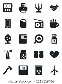 Set of vector isolated black icon - antenna vector, mobile phone, coffee, printer, axe, seeds, scales, pills bottle, radio, heart, stopwatch, battery, handshake, fruit tree, estate search, candle