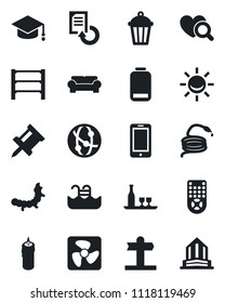 Set of vector isolated black icon - mobile phone vector, graduate, document reload, hose, garden light, caterpillar, heart diagnostic, signpost, rack, remote control, network, low battery, pool, fan