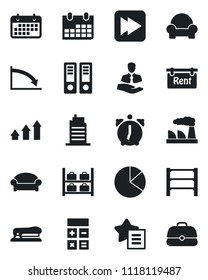 Set of vector isolated black icon - waiting area vector, luggage storage, calculator, office binder, calendar, factory, client, term, rack, favorites list, fast forward, alarm, pie graph, stapler