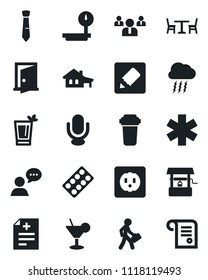 Set of vector isolated black icon - cafe vector, storm cloud, team, well, diagnosis, pills blister, ambulance star, heavy scales, microphone, speaker, notes, tie, manager, house with garage, socket