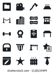 Set of vector isolated black icon - fence vector, barrier, pennant, well, axe, barbell, favorites list, folder, notes, lock, video, sertificate, office building, table, heater, open close, police