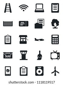 Set of vector isolated black icon - airport tower vector, tv, ticket, plane, ladder, tree, well, cargo container, clipboard, speaker, themes, document folder, calculator, notebook pc, sold signboard