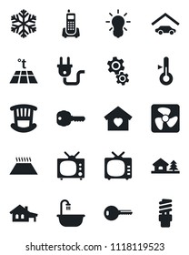 Set of vector isolated black icon - office phone vector, tv, house with garage, tree, key, children room, bathroom, sweet home, power plug, fan, snowflake, gear, thermometer, warm floor, bulb