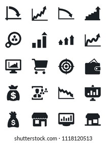 Set of vector isolated black icon - growth statistic vector, money bag, crisis graph, monitor statistics, hr, target, consumer search, arrow up, wallet, cart, presentation, storefront