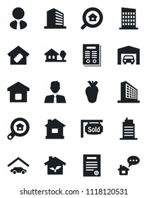 Set of vector isolated black icon - office building vector, house, real heart, contract, with tree, garage, sold signboard, estate search, agent, smart home, city, eco, message