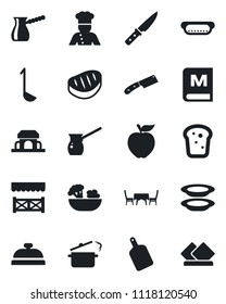 Set of vector isolated black icon - cook vector, menu, reception, salad, plates, bread, cafe building, table, alcove, steak, hot dog, ladle, cutting board, knife, steaming pan, turkish coffee