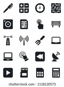 Set of vector isolated black icon - antenna vector, calculator, garden fork, bench, clock, satellite, touch screen, laptop pc, play button, rewind, mobile camera, sd, sim, notebook, pen, chip