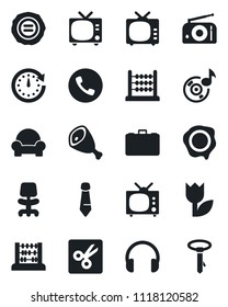 Set of vector isolated black icon - phone vector, tv, office chair, case, abacus, tie, stamp, tulip, radio, headphones, cut, music, cushioned furniture, ham, clock