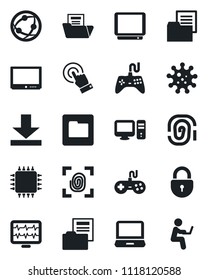 Set of vector isolated black icon - lock vector, monitor pulse, virus, folder document, gamepad, tv, network, touch screen, laptop pc, download, chip, fingerprint, man with notebook