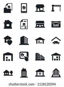 Set of vector isolated black icon - barrier vector, office building, house, warehouse, with tree, garage, estate document, sold signboard, sweet home, city, cafe, control app, gate, storefront