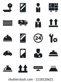 Set of vector isolated black icon - 24 around vector, reception bell, mobile phone, doctor, cargo container, car delivery, consolidated, up side sign, heavy scales, cell, root setup, moving, waiter
