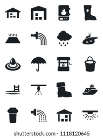 Set of vector isolated black icon - bucket vector, watering, boot, rain, well, sea shipping, umbrella, warehouse, pond, pool, water heater, filter, warm floor, sprinkler