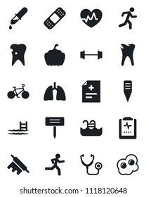 Set of vector isolated black icon - plant label vector, pumpkin, heart pulse, diagnosis, stethoscope, dropper, patch, barbell, bike, run, lungs, caries, clipboard, pool, rolling pin, omelette