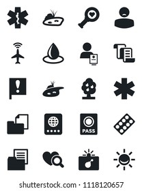 Set of vector isolated black icon - plane radar vector, bomb in case, passport, contract, water drop, heart diagnostic, pills blister, ambulance star, patient, important flag, folder document, pond