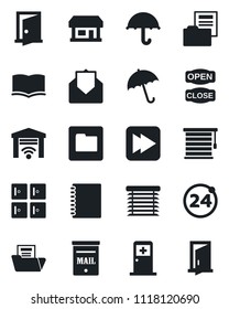 Set of vector isolated black icon - 24 around vector, umbrella, medical room, checkroom, book, store, mail, fast forward, folder, copybook, document, mailbox, open close, jalousie, door