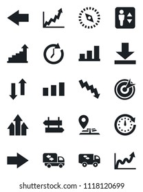 Set of vector isolated black icon - elevator vector, signpost, right arrow, left, growth statistic, crisis graph, navigation, sorting, data exchange, download, compass, bar, moving, target, up