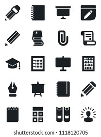 Set of vector isolated black icon - book vector, calculator, graduate, abacus, notepad, presentation board, pencil, contract, notes, copybook, paper clip, ink pen, shining head
